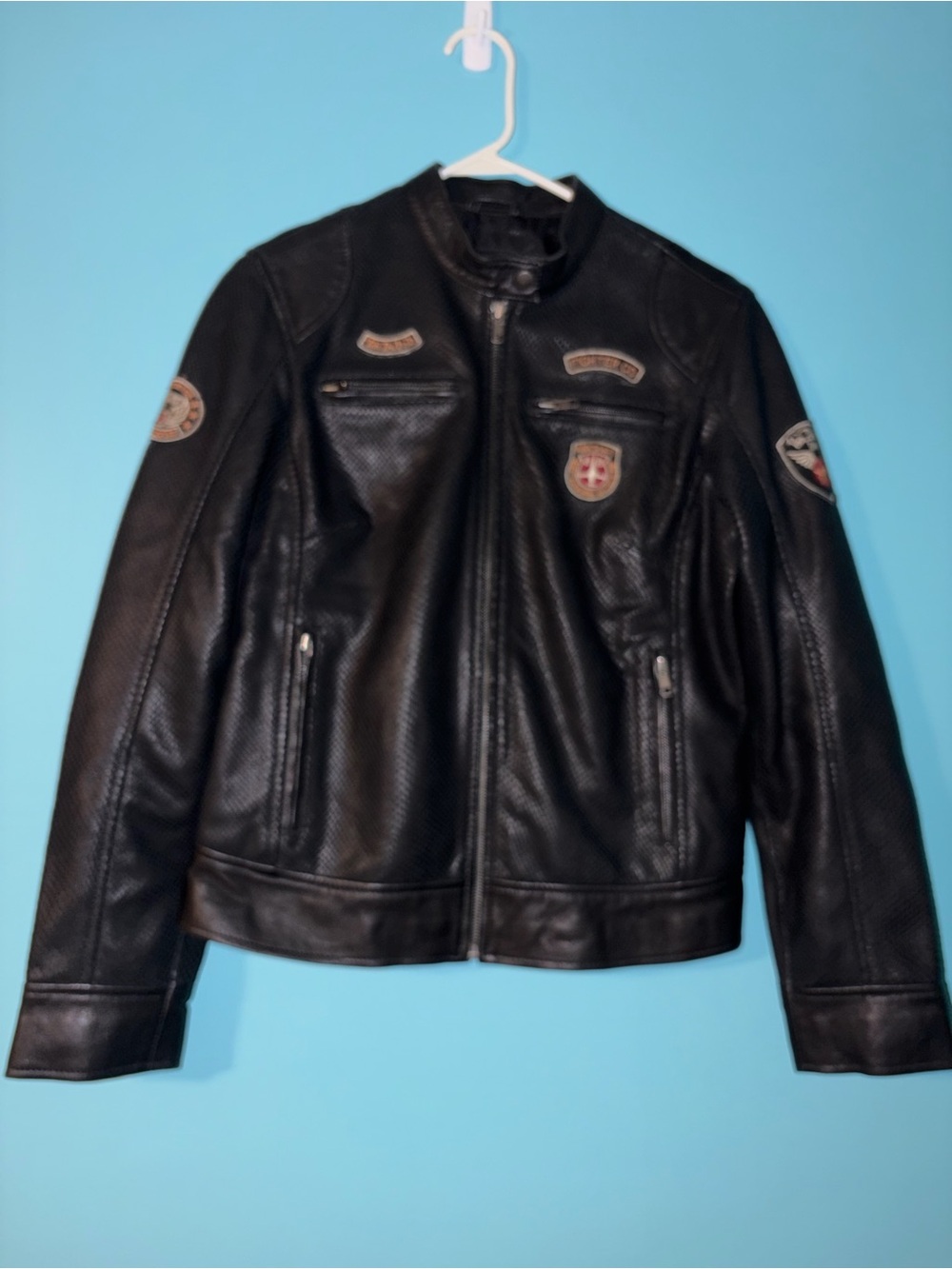 Von Dutch Black Leather Bomber Jacket with Patch Accents Vintage NWOT
